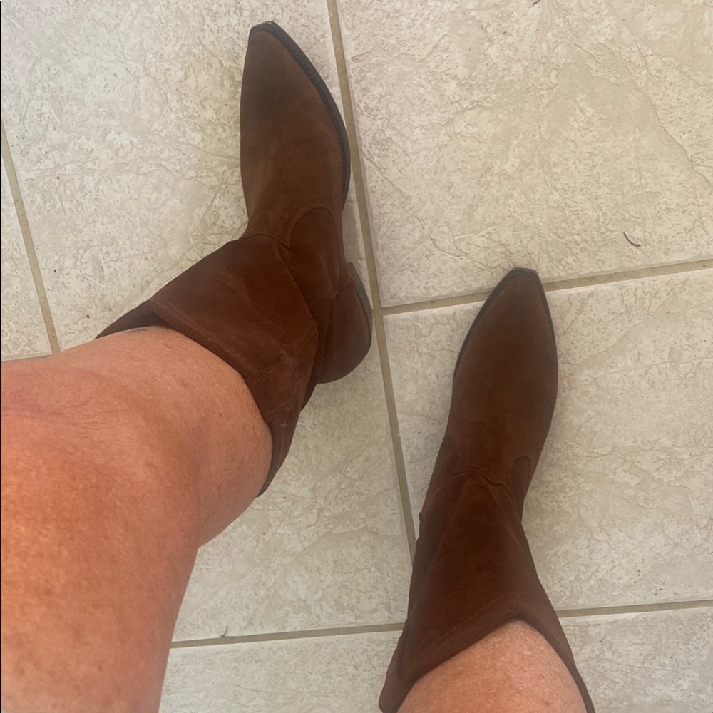 Brown Suede mid calf Boots with Sleek Pointed Toe 8   Frye